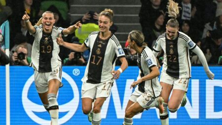 Bild: Die DFB-Frauen hatten im Auftaktspiel viel zu jubeln (© AFP/SID/WILLIAM WEST)